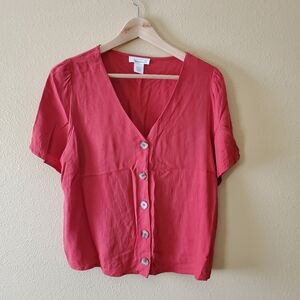 Red V-neck Button Top
